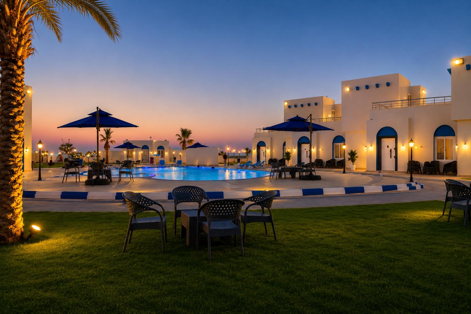 Lawns and lounges beside the pool at sunset