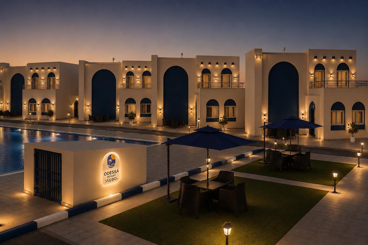 Whitewashed villas with deep-blue arches at blue hour