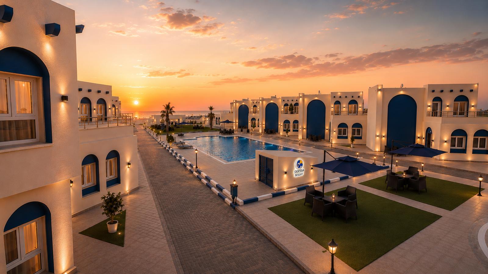 Golden-hour walkway and pool